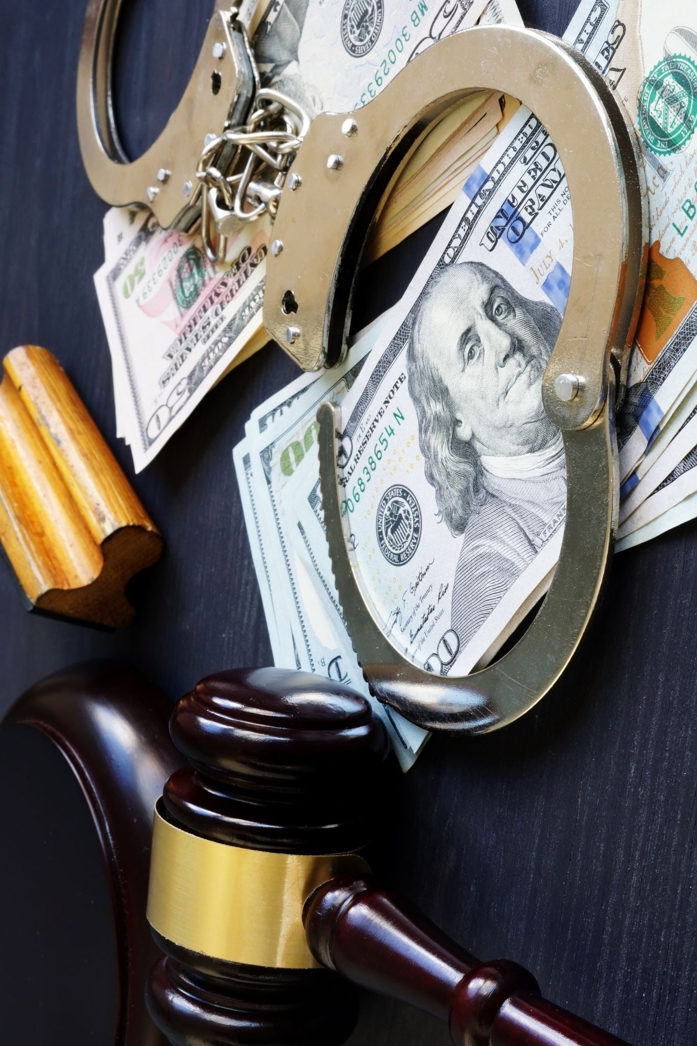 handcuffs, U.S. dollars, and a gavel on a table. Bond payment concept