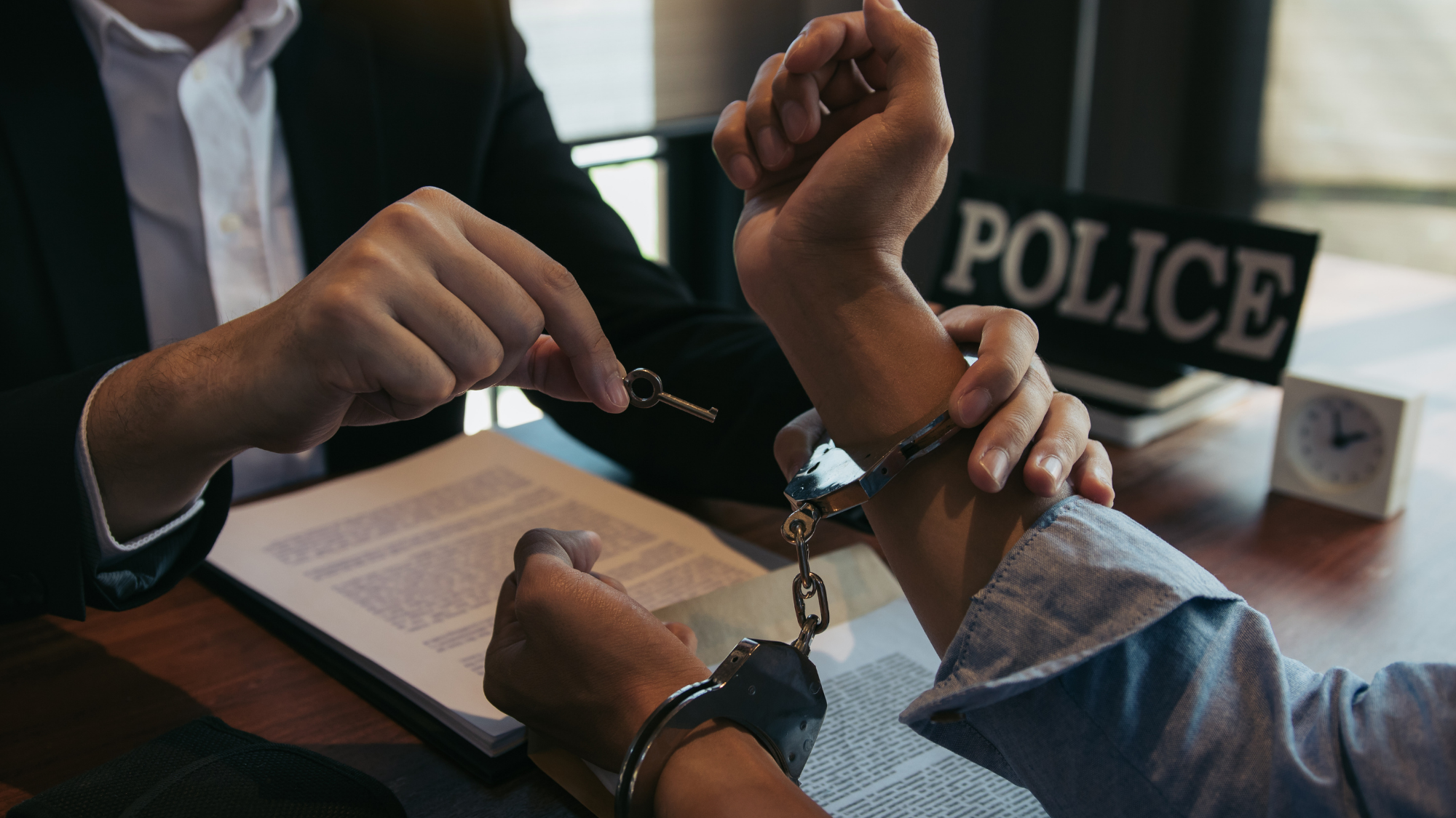 police unlocking handcuffs of person at a desk